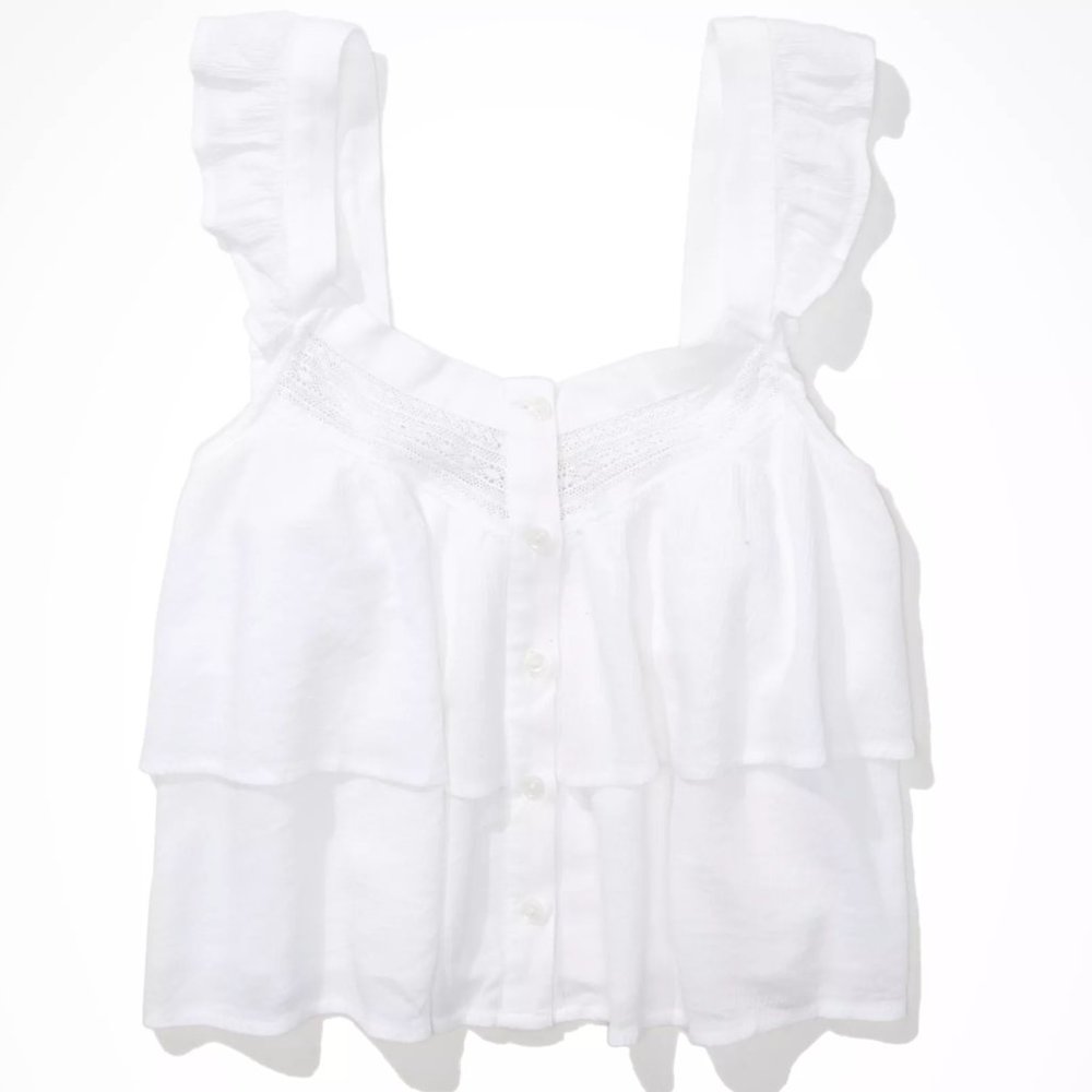 American Eagle Flutter Tiered Top White Button Front